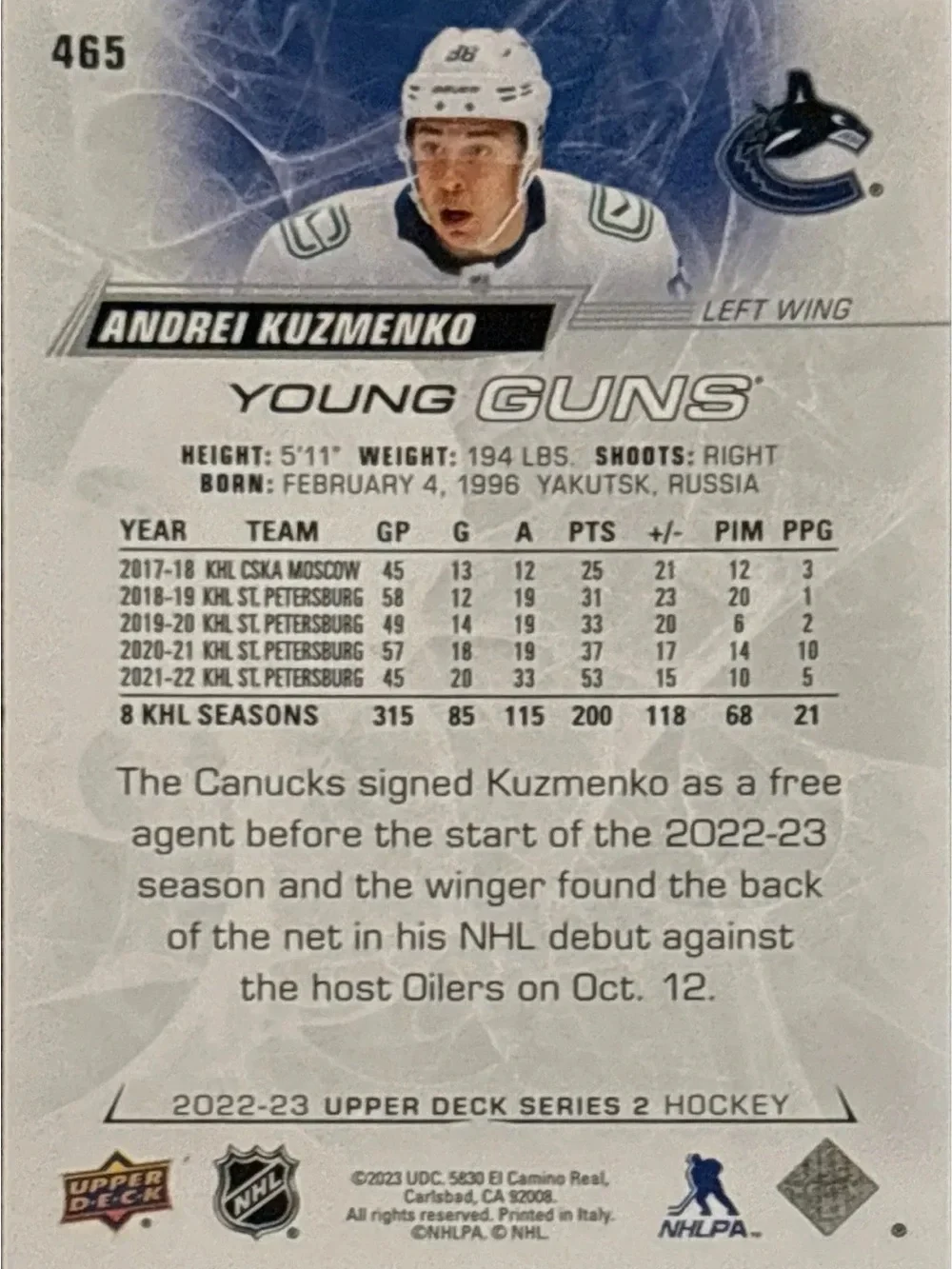 Upper Deck Young Guns Andrei Kuzmenko Hockey Trading Card